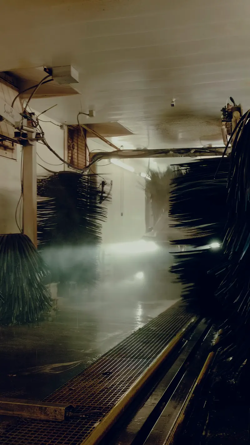 Brushes and mist over the conveyor inside the Brockton wash tunnel